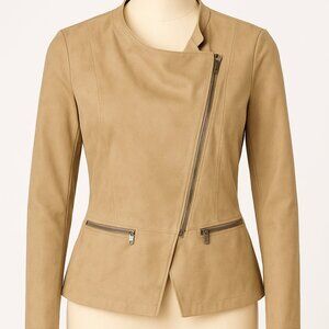 DKNY Jeans Women’s Faux Suede Moto Jacket Size L Beige Tan Zip Front Stretch